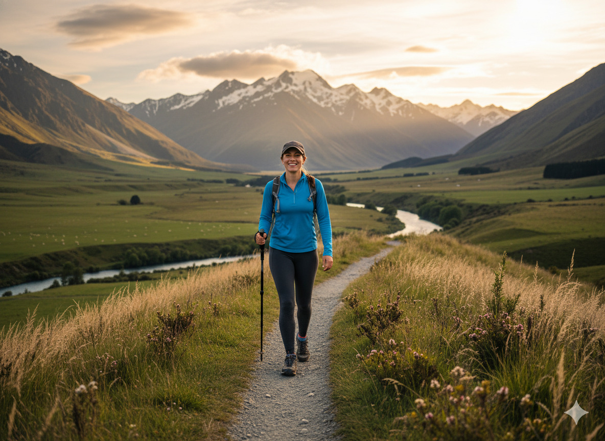 Person walking outdoors in New Zealand countryside for daily movement
